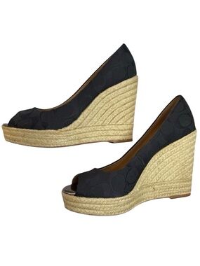 Coach Black Milan Signature Canvas Peep Toe Espadrille Wedge Heels Size 7.5B